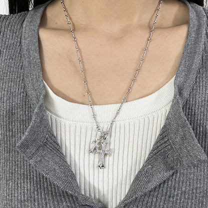Punk hip-hop Thai silver plated 22K white gold double cross color diamond necklace sweater chain