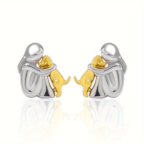 A little girl and a dog embrace earrings
