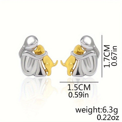 A little girl and a dog embrace earrings